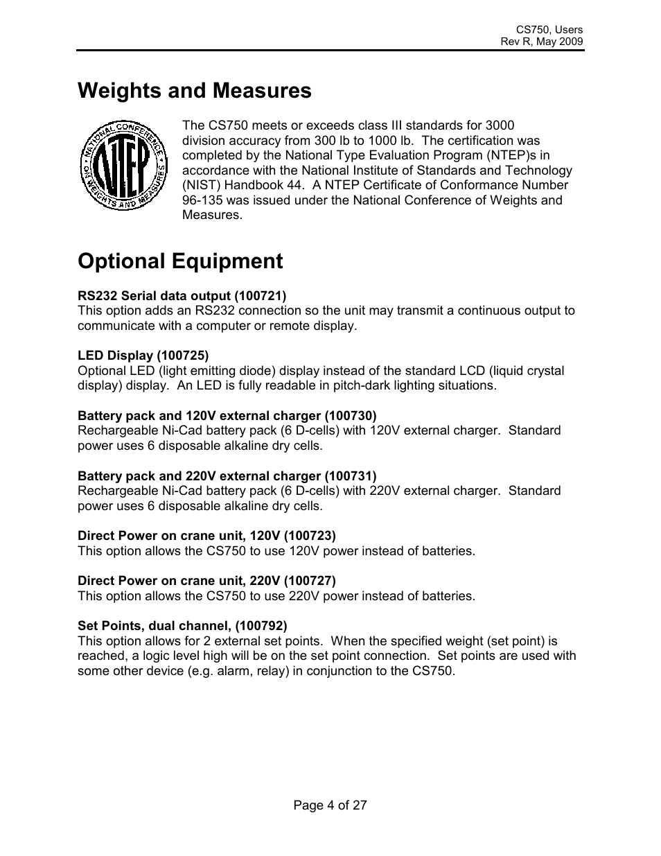 Weights and measures, Optional equipment | Rice Lake Intercomp CS 750 - Users Manual User Manual | Page 4 / 27