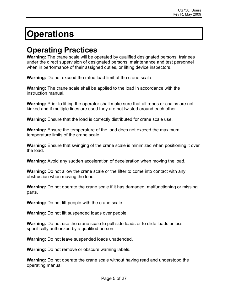 Operations, Operating practices | Rice Lake Intercomp CS 750 - Users Manual User Manual | Page 5 / 27