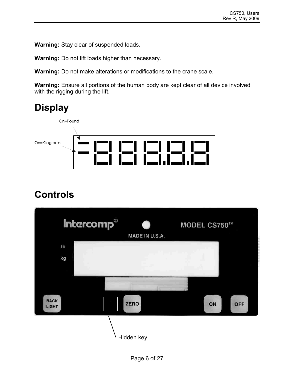 Display, Controls | Rice Lake Intercomp CS 750 - Users Manual User Manual | Page 6 / 27