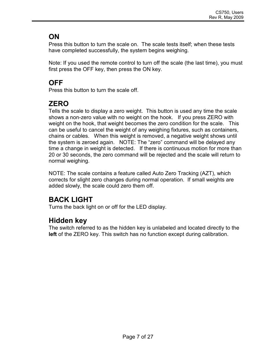 Zero, Back light, Hidden key | Rice Lake Intercomp CS 750 - Users Manual User Manual | Page 7 / 27