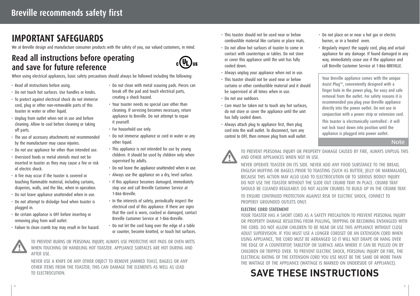 Important safeguards, Save these instructions, Breville recommends safety first | Breville CT75XL User Manual | Page 3 / 18