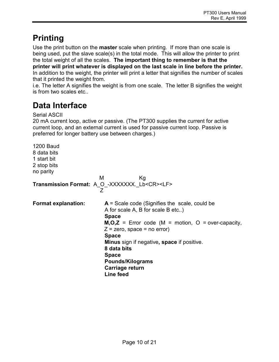 Printing, Data interface | Rice Lake Intercomp PT300 Wheel Load User Manual | Page 10 / 21