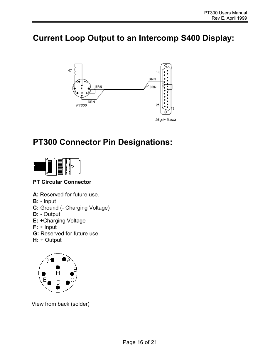 Current loop output to an intercomp s400 display, Pt300 connector pin designations | Rice Lake Intercomp PT300 Wheel Load User Manual | Page 16 / 21
