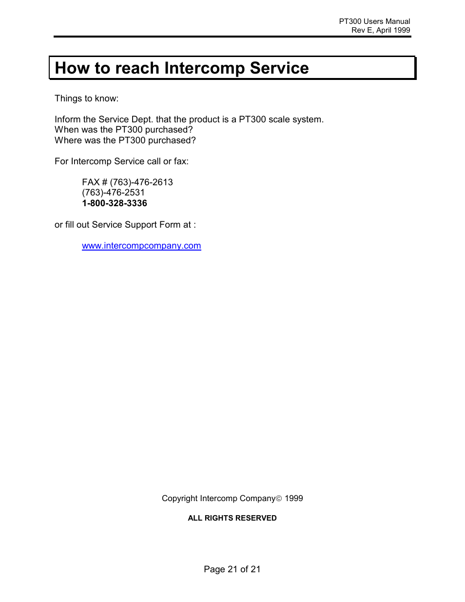 How to reach intercomp service | Rice Lake Intercomp PT300 Wheel Load User Manual | Page 21 / 21