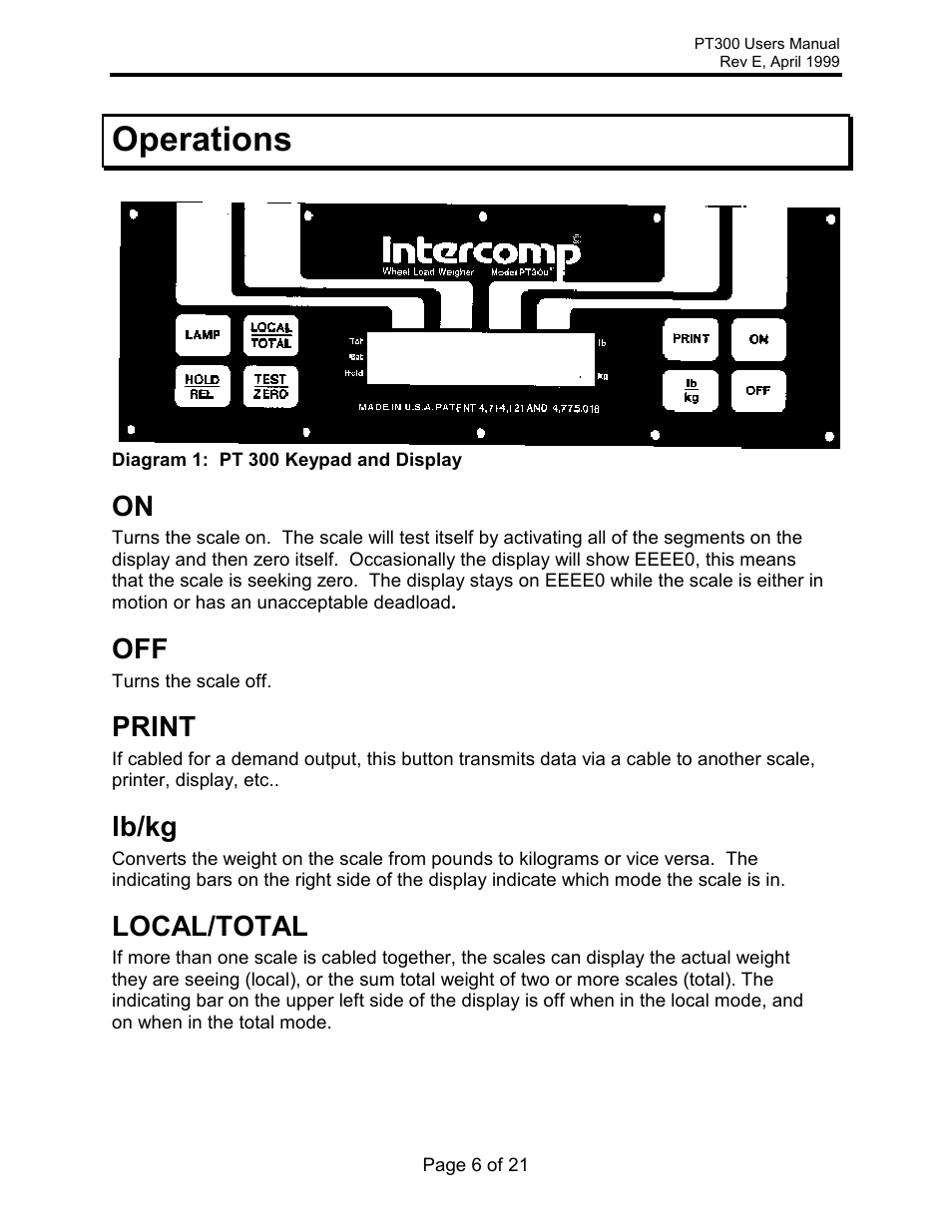 Operations, Print, Lb/kg | Local/total | Rice Lake Intercomp PT300 Wheel Load User Manual | Page 6 / 21