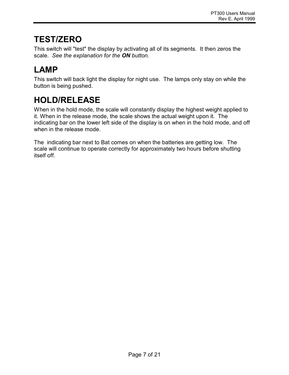 Test/zero, Lamp, Hold/release | Rice Lake Intercomp PT300 Wheel Load User Manual | Page 7 / 21