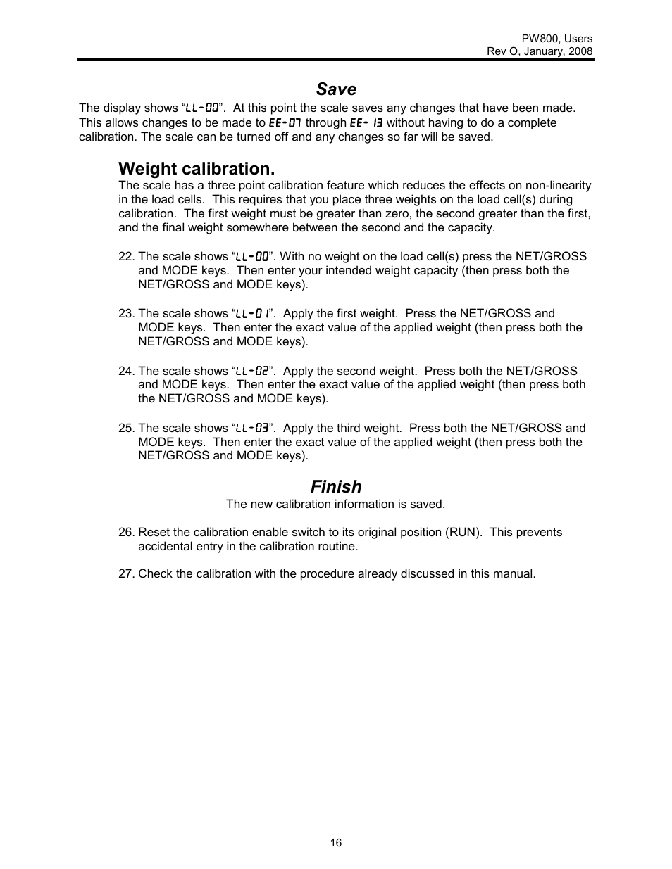 Save, Weight calibration, Finish | Rice Lake Lift Truck/Pallet Jack Scales - Intercomp PW800 User Manual | Page 16 / 25