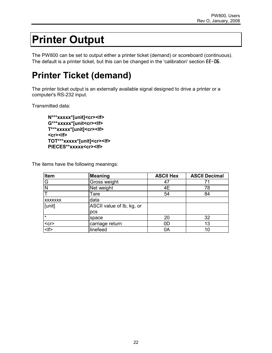 Printer output, Printer ticket (demand) | Rice Lake Lift Truck/Pallet Jack Scales - Intercomp PW800 User Manual | Page 22 / 25