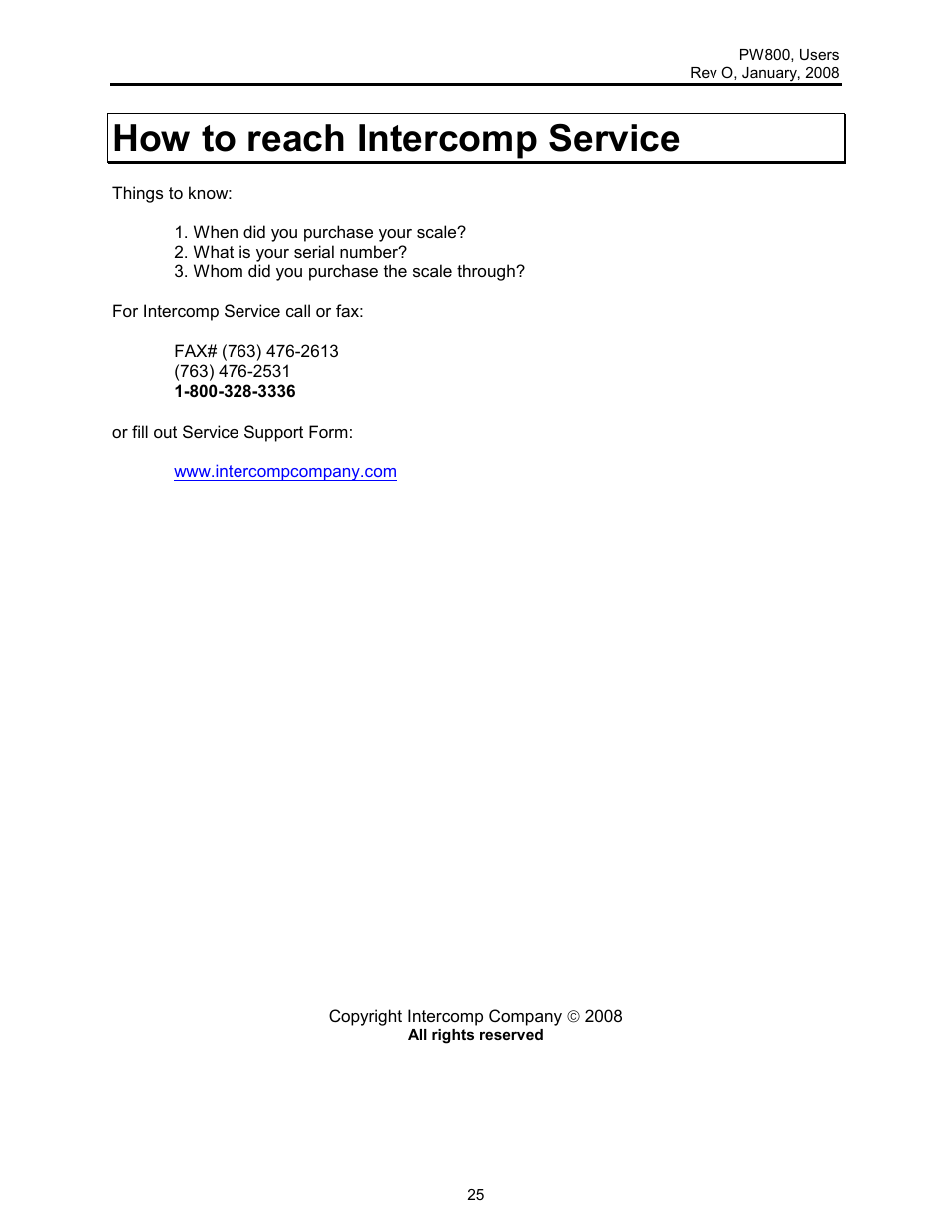 How to reach intercomp service | Rice Lake Lift Truck/Pallet Jack Scales - Intercomp PW800 User Manual | Page 25 / 25