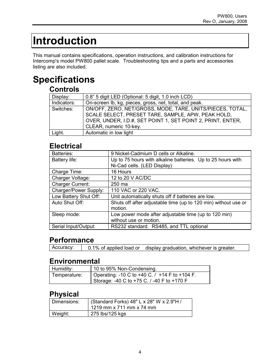 Introduction, Specifications, Controls | Electrical, Performance, Environmental, Physical | Rice Lake Lift Truck/Pallet Jack Scales - Intercomp PW800 User Manual | Page 4 / 25