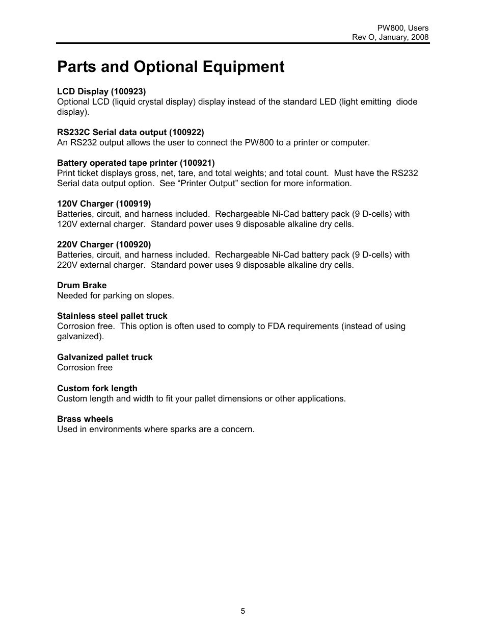 Parts and optional equipment | Rice Lake Lift Truck/Pallet Jack Scales - Intercomp PW800 User Manual | Page 5 / 25