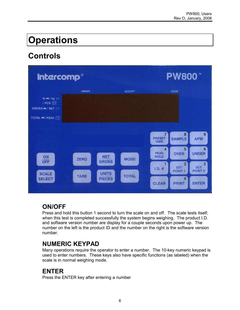 Operations, Controls, On/off | Numeric keypad, Enter | Rice Lake Lift Truck/Pallet Jack Scales - Intercomp PW800 User Manual | Page 6 / 25