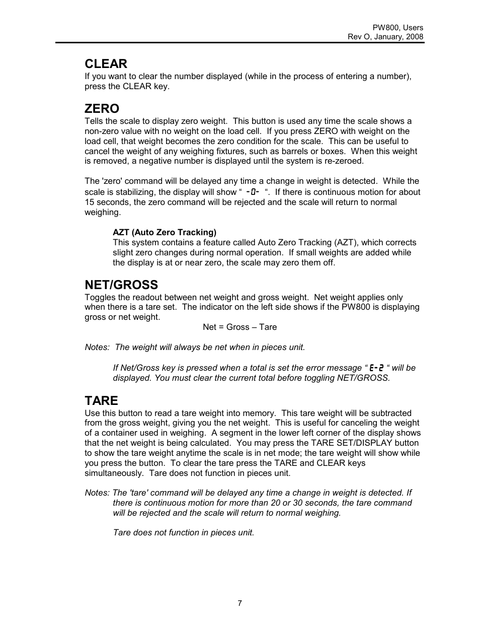 Clear, Zero, Net/gross | Tare | Rice Lake Lift Truck/Pallet Jack Scales - Intercomp PW800 User Manual | Page 7 / 25