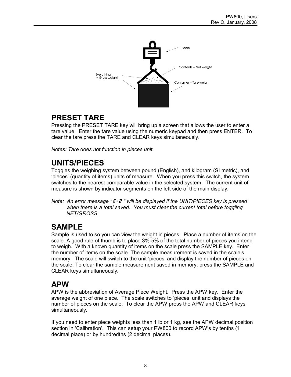 Preset tare, Units/pieces, Sample | Rice Lake Lift Truck/Pallet Jack Scales - Intercomp PW800 User Manual | Page 8 / 25