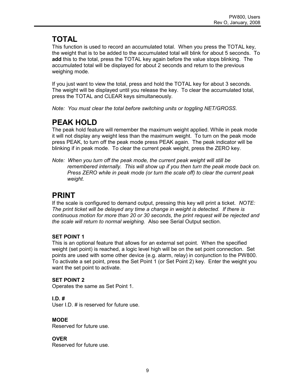 Total, Peak hold, Print | Rice Lake Lift Truck/Pallet Jack Scales - Intercomp PW800 User Manual | Page 9 / 25