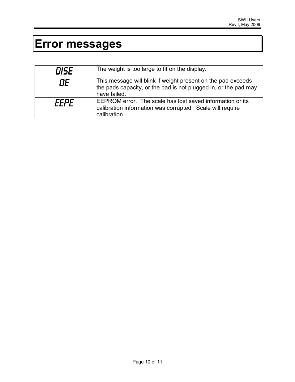 Error messages, Dise, Eepe | Rice Lake Intercomp SWII Portable Vehicle Scale User Manual | Page 10 / 11