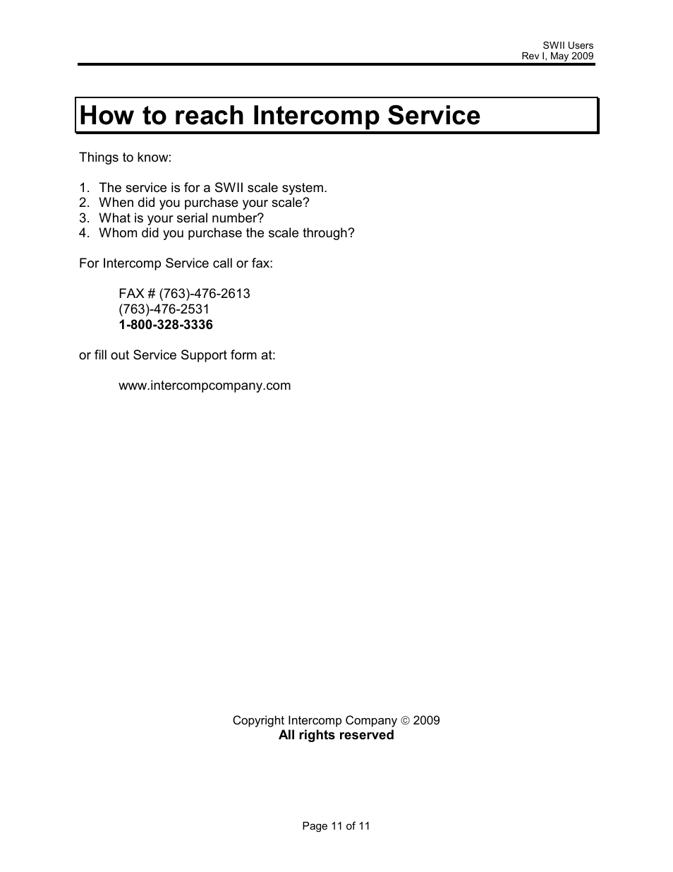 How to reach intercomp service | Rice Lake Intercomp SWII Portable Vehicle Scale User Manual | Page 11 / 11