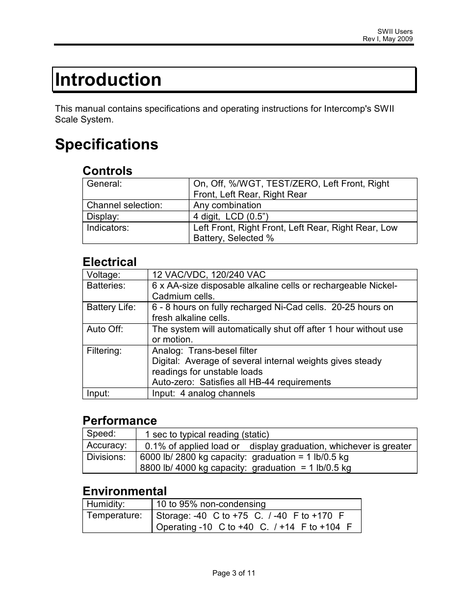 Introduction, Specifications, Controls | Electrical, Performance, Environmental | Rice Lake Intercomp SWII Portable Vehicle Scale User Manual | Page 3 / 11