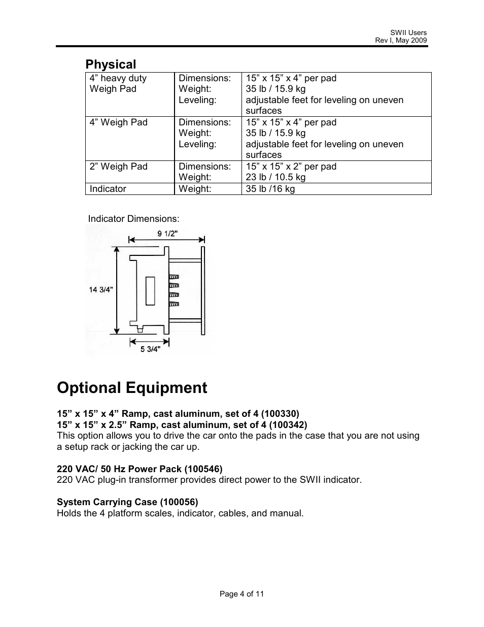 Optional equipment, Physical | Rice Lake Intercomp SWII Portable Vehicle Scale User Manual | Page 4 / 11