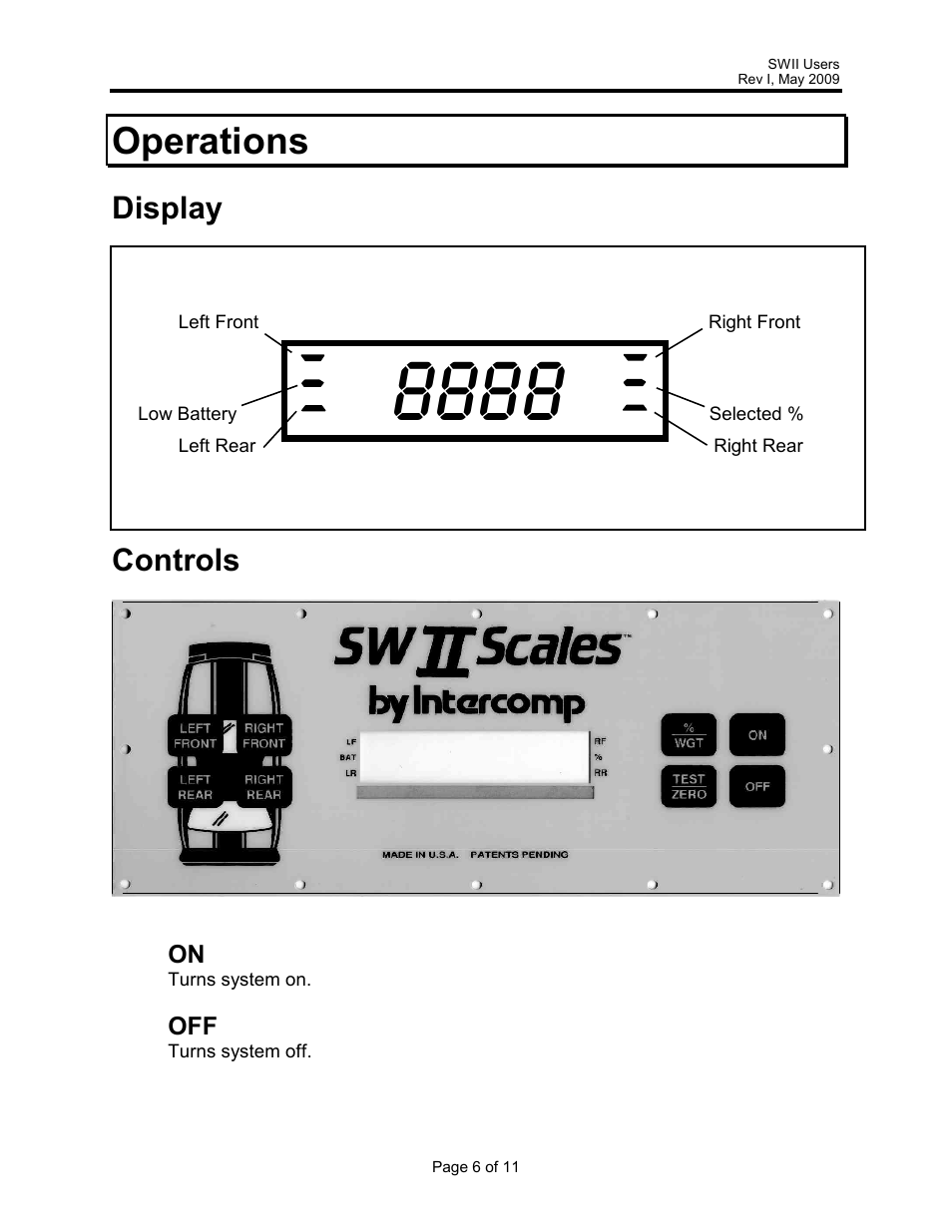 Operations, Display, Controls | Rice Lake Intercomp SWII Portable Vehicle Scale User Manual | Page 6 / 11
