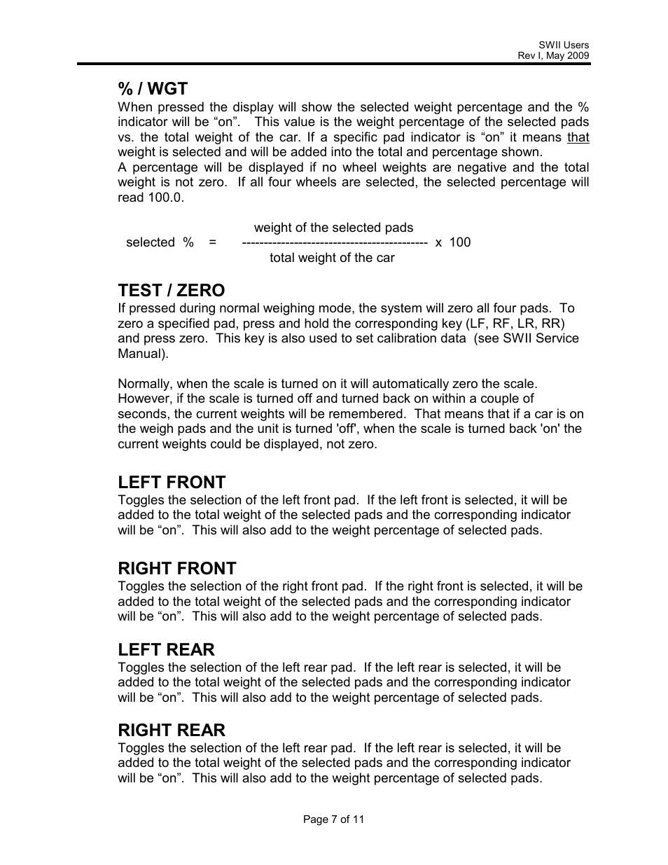 Test / zero, Left front, Right front | Left rear, Right rear | Rice Lake Intercomp SWII Portable Vehicle Scale User Manual | Page 7 / 11