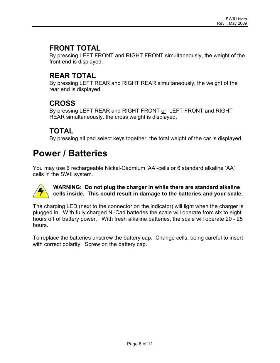 Power / batteries, Front total, Rear total | Cross, Total | Rice Lake Intercomp SWII Portable Vehicle Scale User Manual | Page 8 / 11