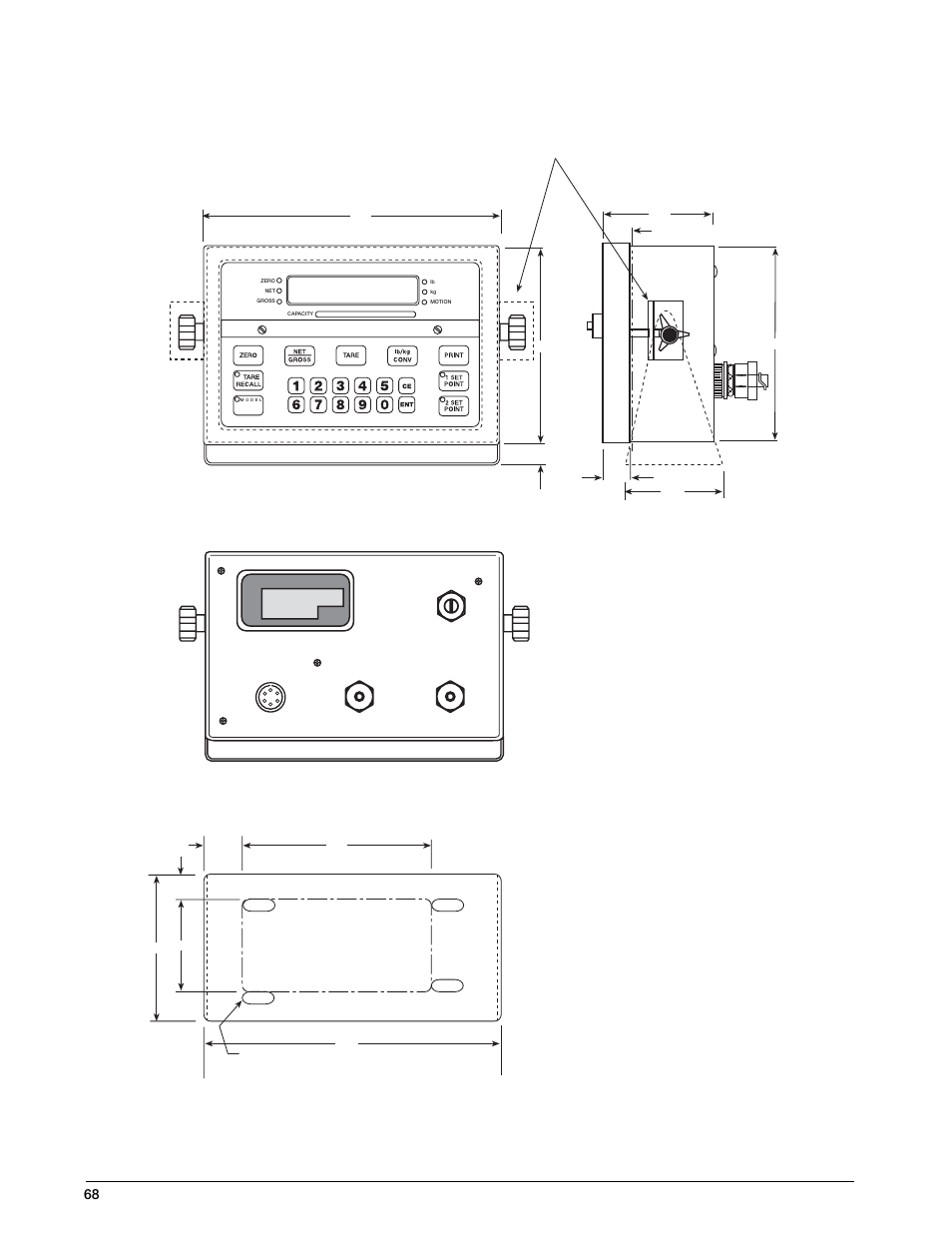 Front view, Side view rear view, Bottom view | Rice Lake IQ 700 Configurable Weight Indicator User Manual | Page 72 / 73