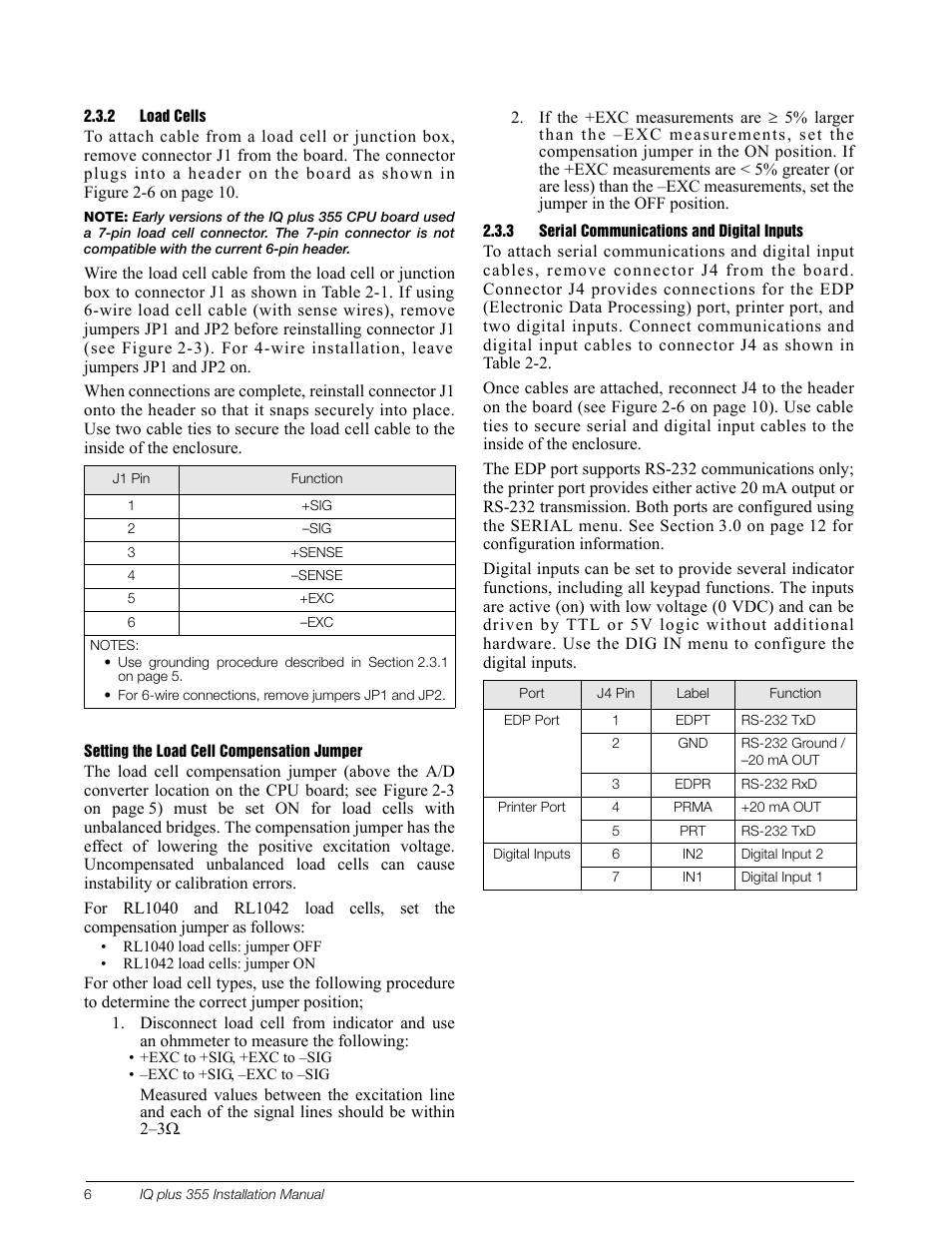 2 load cells, 3 serial communications and digital inputs, Load cells | Serial communications and digital inputs | Rice Lake IQ Plus 355 Installation Manual V1.17 User Manual | Page 10 / 54