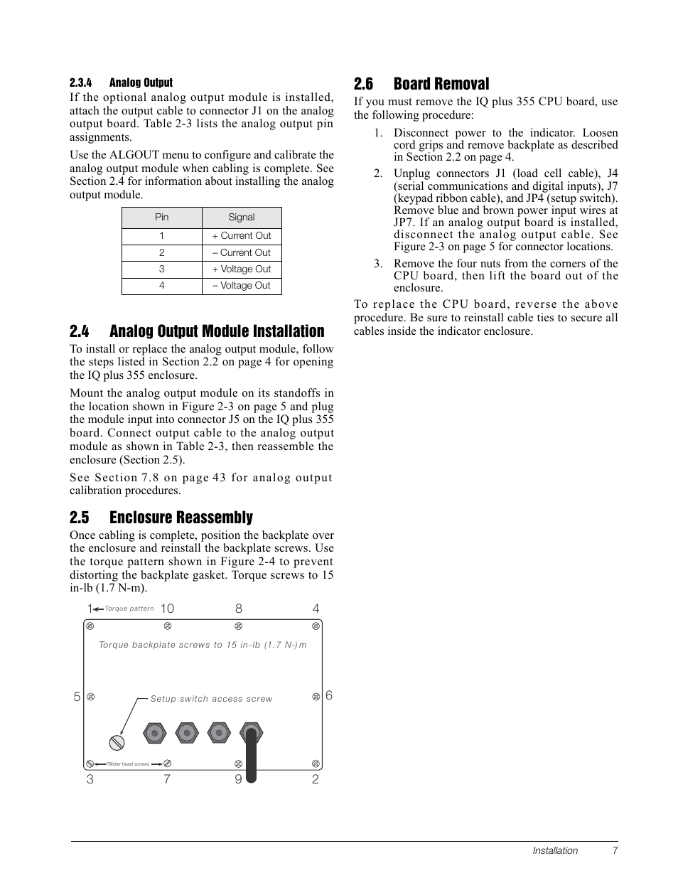 4 analog output, 4 analog output module installation, 5 enclosure reassembly | 6 board removal, Analog output, Figure 2-4 on | Rice Lake IQ Plus 355 Installation Manual V1.17 User Manual | Page 11 / 54