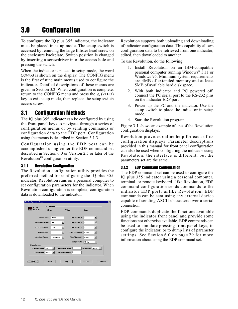 0 configuration, 1 configuration methods, 1 revolution configuration | 2 edp command configuration, Configuration, Revolution configuration, Edp command configuration, Section 3.1 on | Rice Lake IQ Plus 355 Installation Manual V1.17 User Manual | Page 16 / 54