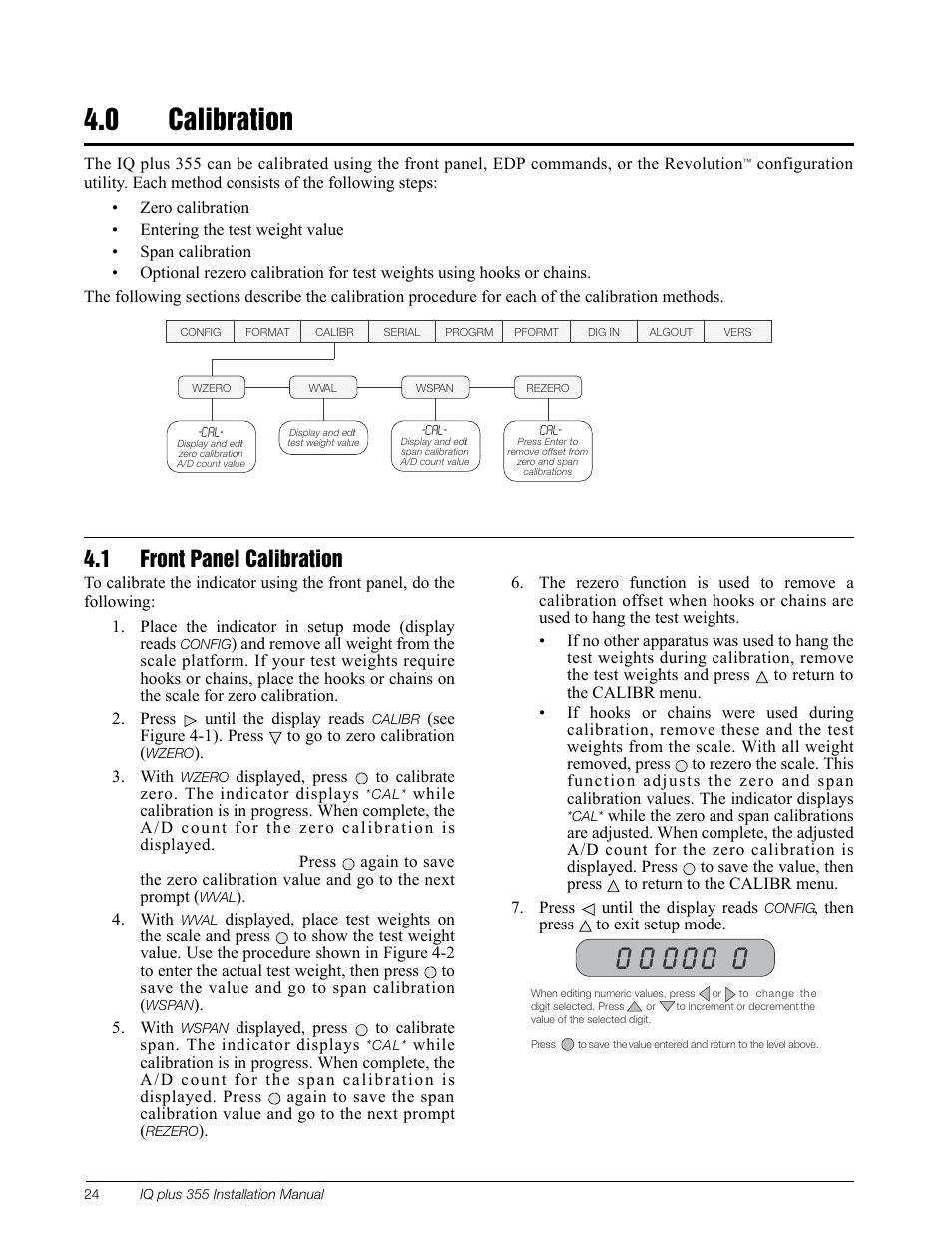 0 calibration, 1 front panel calibration, Calibration | Section 4.1 on, Я  я яяя | Rice Lake IQ Plus 355 Installation Manual V1.17 User Manual | Page 28 / 54