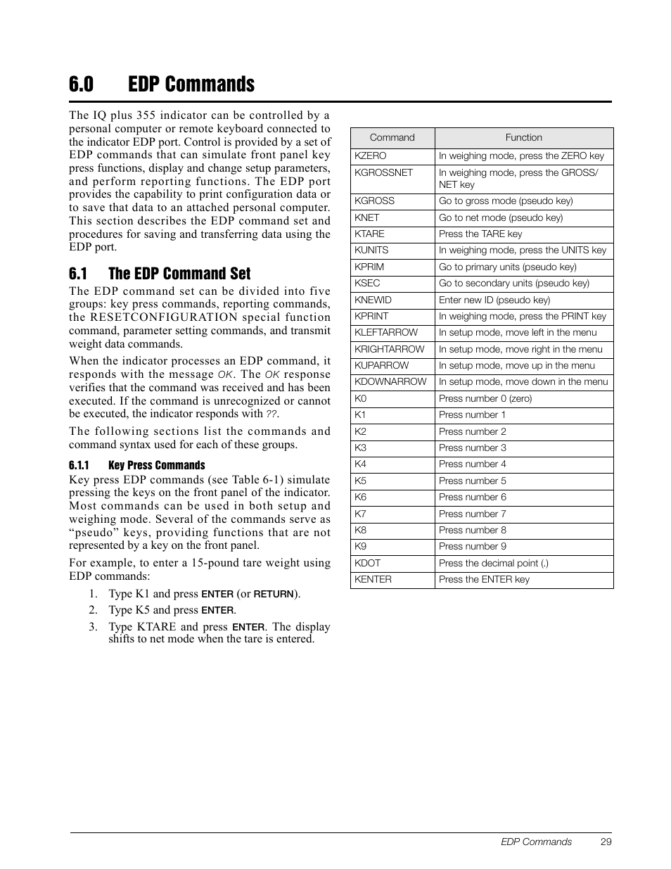 0 edp commands, 1 the edp command set, 1 key press commands | Edp commands, Key press commands, Section 6.0 or v, Section 6.0 for mor | Rice Lake IQ Plus 355 Installation Manual V1.17 User Manual | Page 33 / 54