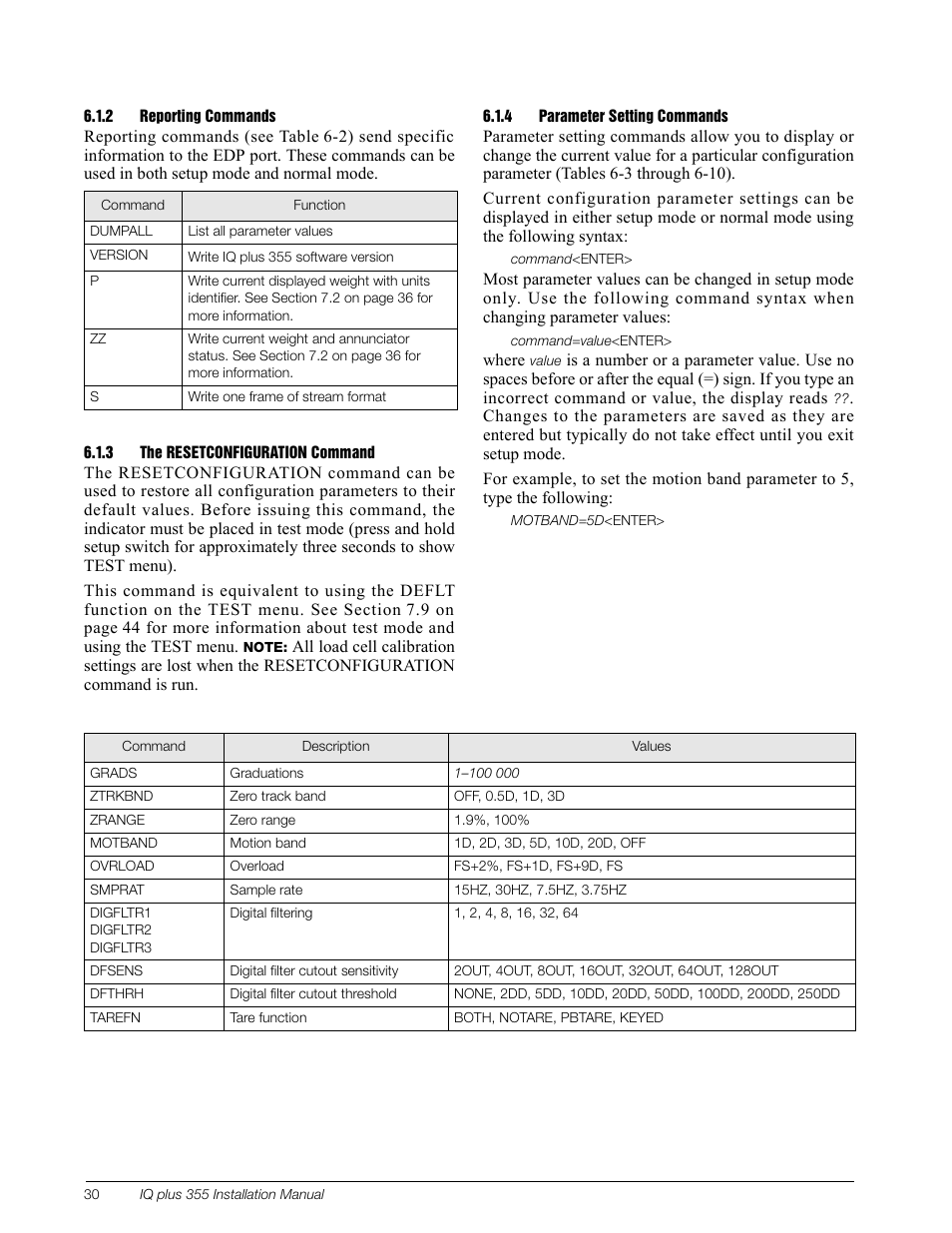 2 reporting commands, 3 the resetconfiguration command, 4 parameter setting commands | Reporting commands, The resetconfiguration command, Parameter setting commands | Rice Lake IQ Plus 355 Installation Manual V1.17 User Manual | Page 34 / 54