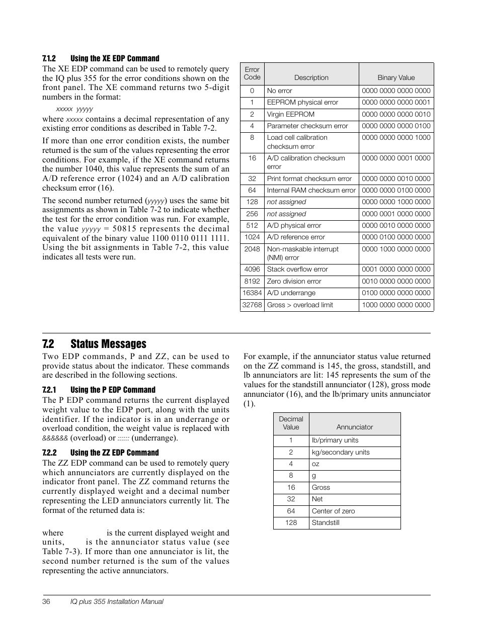 2 using the xe edp command, 2 status messages, 1 using the p edp command | 2 using the zz edp command, Using the xe edp command, Using the p edp command, Using the zz edp command | Rice Lake IQ Plus 355 Installation Manual V1.17 User Manual | Page 40 / 54