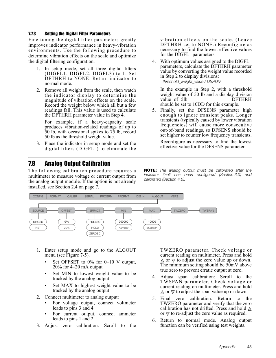 3 setting the digital filter parameters, 8 analog output calibration, Setting the digital filter parameters | Rice Lake IQ Plus 355 Installation Manual V1.17 User Manual | Page 47 / 54