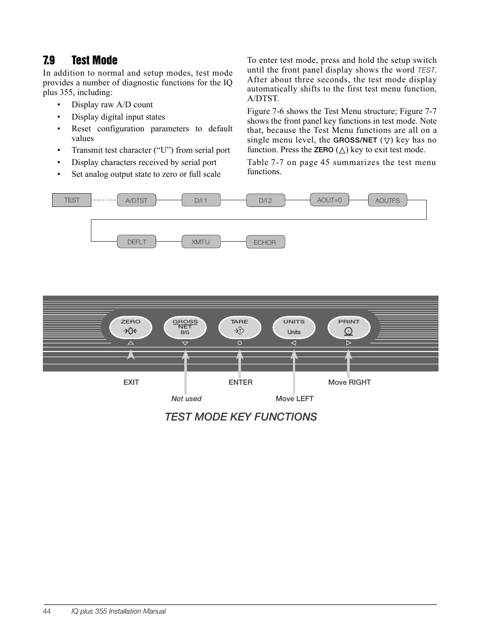 9 test mode, Section 7.9 on | Rice Lake IQ Plus 355 Installation Manual V1.17 User Manual | Page 48 / 54