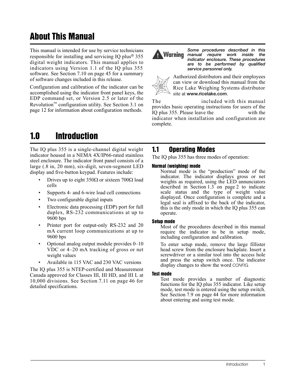 About this manual, 0 introduction, 1 operating modes | About this manual 1.0, Introduction, 7arning | Rice Lake IQ Plus 355 Installation Manual V1.17 User Manual | Page 5 / 54