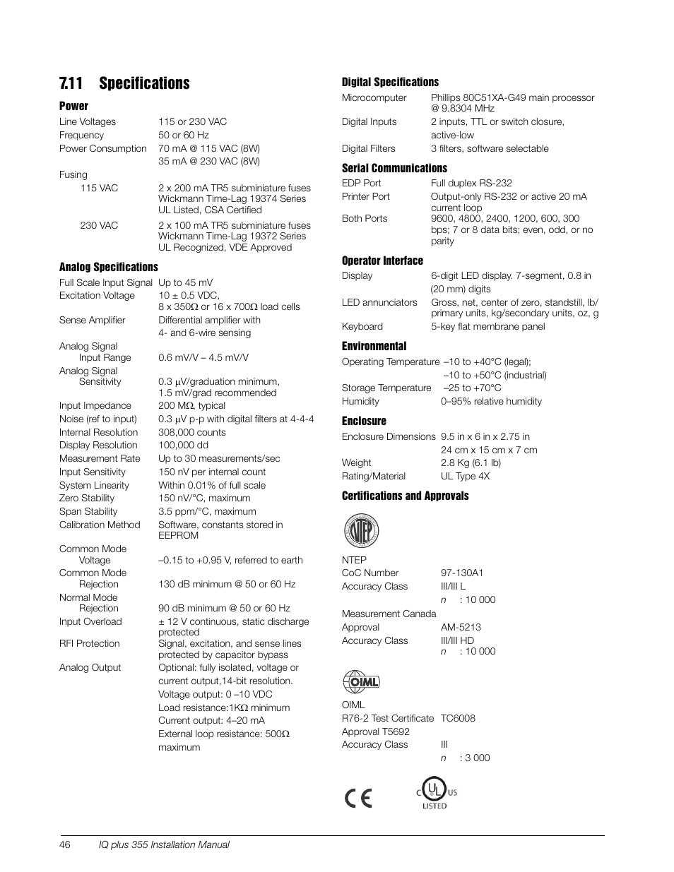 11 specifications | Rice Lake IQ Plus 355 Installation Manual V1.17 User Manual | Page 50 / 54