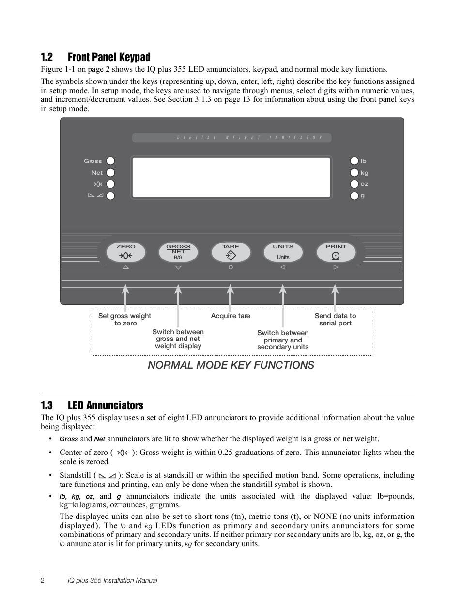 2 front panel keypad, 3 led annunciators, 2 front panel keypad 1.3 led annunciators | Rice Lake IQ Plus 355 Installation Manual V1.17 User Manual | Page 6 / 54