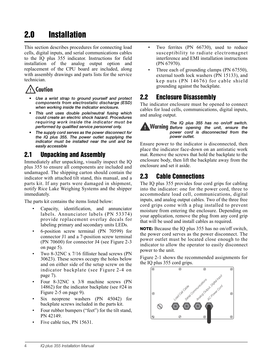 0 installation, 1 unpacking and assembly, 2 enclosure disassembly | 3 cable connections, Installation, Aution, 7arning | Rice Lake IQ Plus 355 Installation Manual V1.17 User Manual | Page 8 / 54