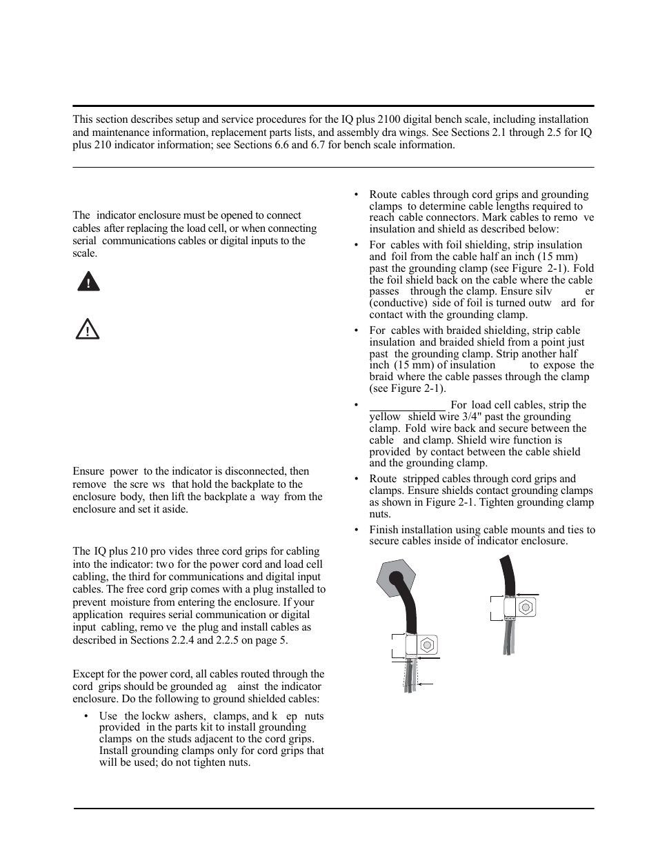 0 setup and service information, 1 enclosure disassembly, 2 cable connections | 1 cable grounding, Setup and service information, 1 enclosure disassembly 6.2 cable connections, Cable grounding, Caution, Warning | Rice Lake IQ plus 2100SL Digital Bench Scale User Manual | Page 23 / 42