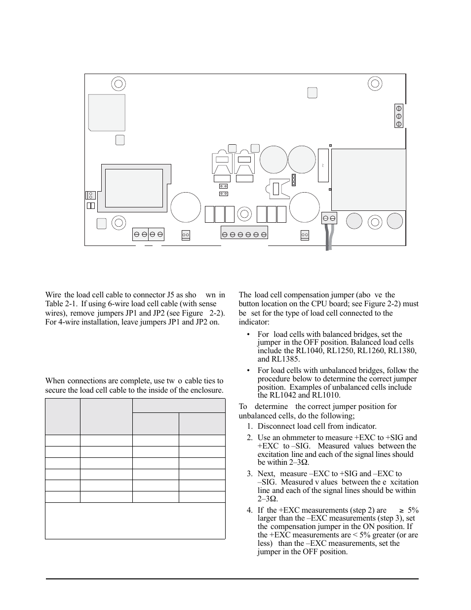 2 load cells, 3 setting the load cell compensation jumper, Load cells | Setting the load cell compensation jumper, The load cell compensation jumper (abo ve the, Zero, Table 2-1. j5 pin assignments | Rice Lake IQ plus 2100SL Digital Bench Scale User Manual | Page 24 / 42