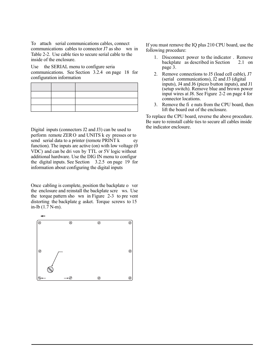 4 serial communications, 5 digital inputs, 3 enclosure reassembly | 4 board removal, Serial communications, Digital inputs, 3 enclosure reassembly 6.4 board removal | Rice Lake IQ plus 2100SL Digital Bench Scale User Manual | Page 25 / 42