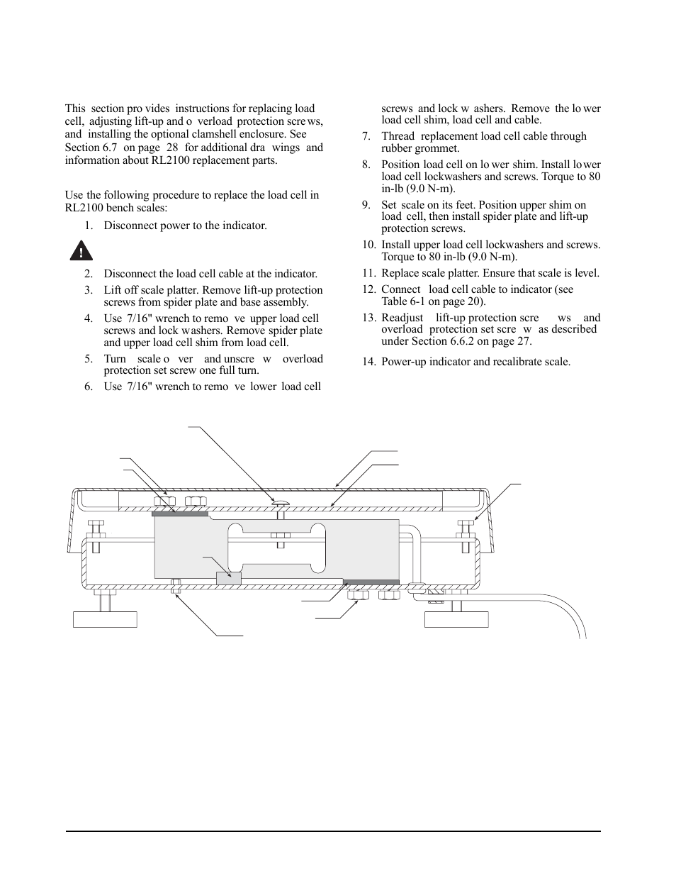 6 bench scale maintenance, 1 load cell replacement, Load cell replacement | Warning | Rice Lake IQ plus 2100SL Digital Bench Scale User Manual | Page 30 / 42