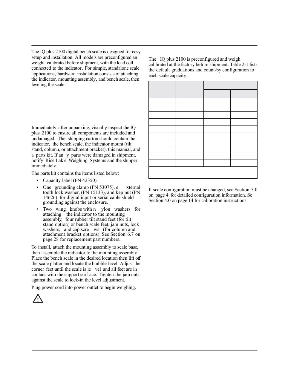 0 installation, 1 unpacking and assembly, 2 factory setup | 1 unpacking and assembly 2.2 factory setup, Caution | Rice Lake IQ plus 2100SL Digital Bench Scale User Manual | Page 7 / 42