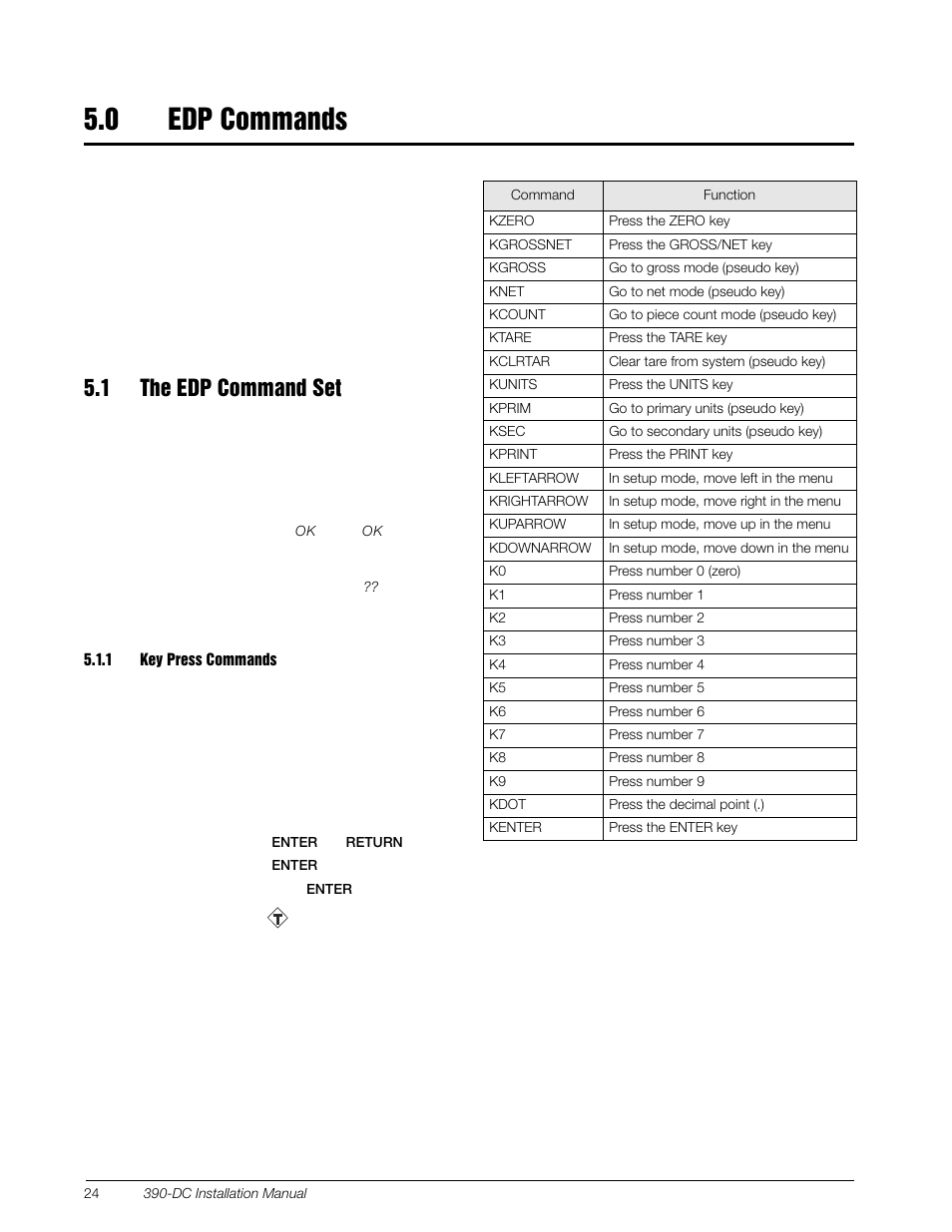 0 edp commands, 1 the edp command set, 1 key press commands | 0 edp, Commands, Key press commands, Described in section, 0 or the re, Settings. see section, 24 for more | Rice Lake Farm Bars - IQ plus 390-DC User Manual | Page 28 / 48