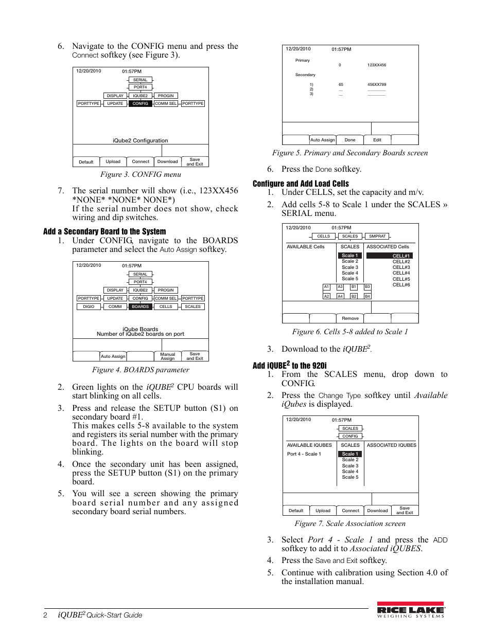 Navigate to the config menu and press the, Softkey (see figure 3 ), Softkey | Green lights on the, Press the, Download to the, Softkey until available iqubes is displayed, Select port 4 - scale 1 and press the, Iqube, Figure 3. config menu | Rice Lake iQUBE2 Quick-Start Guide User Manual | Page 2 / 4