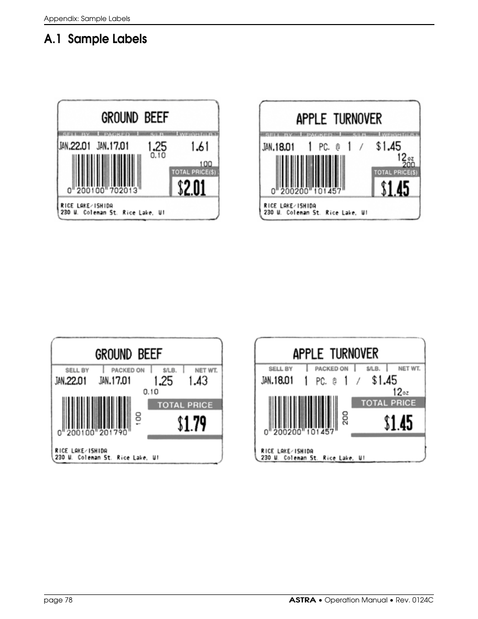 A.1 sample labels | Rice Lake Ishida Astra Operating Manual User Manual | Page 84 / 88