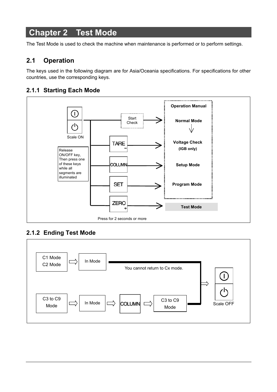 Chapter 2 test mode, 1 operation, 1 starting each mode | 2 ending test mode | Rice Lake Ishida IGX & IGB Series - Service Manual User Manual | Page 10 / 47