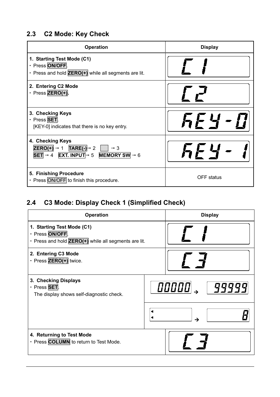 3 c2 mode: key check, 4 c3 mode: display check 1 (simplified check) | Rice Lake Ishida IGX & IGB Series - Service Manual User Manual | Page 19 / 47
